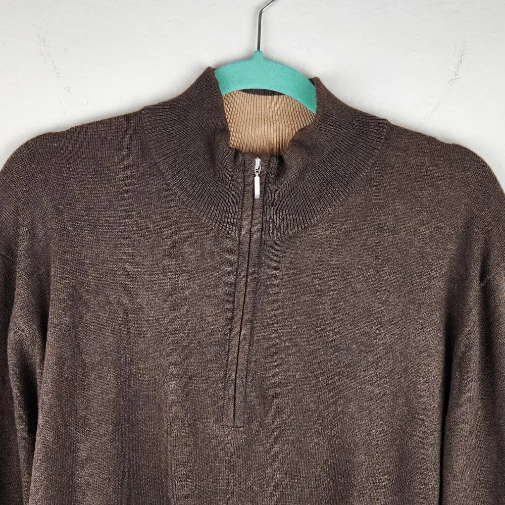 J. Hilburn Brown Cotton Silk Cashmere Half Zip Knit Sweater sz LT Flawed